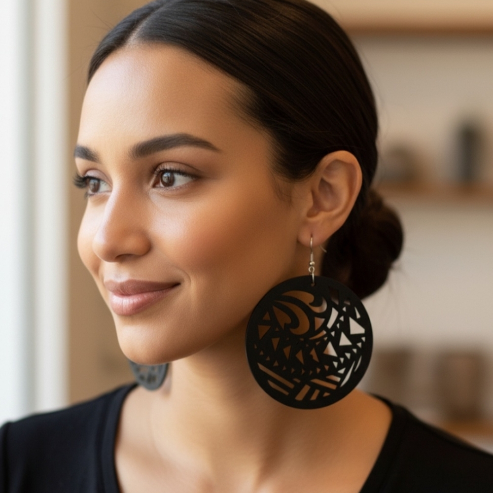 Round wooden earrings, round wooden dangle earrings. 6.5 Cm